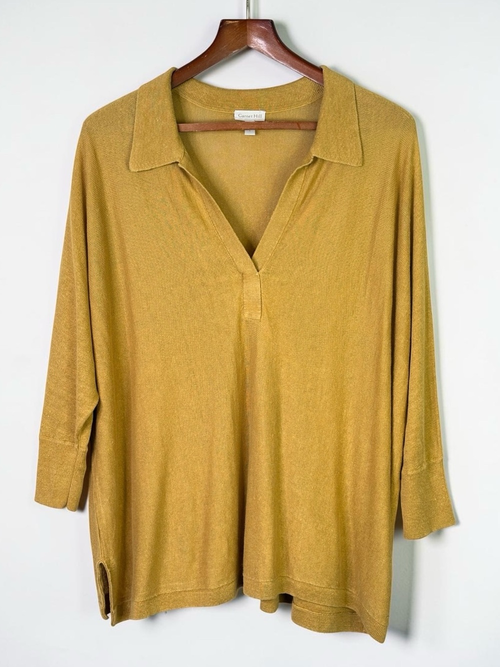 Garnet Hill Arden Oversized Linen Polo Sweater Golden Yellow 3/4 Sleeve L - Picture 2 of 8